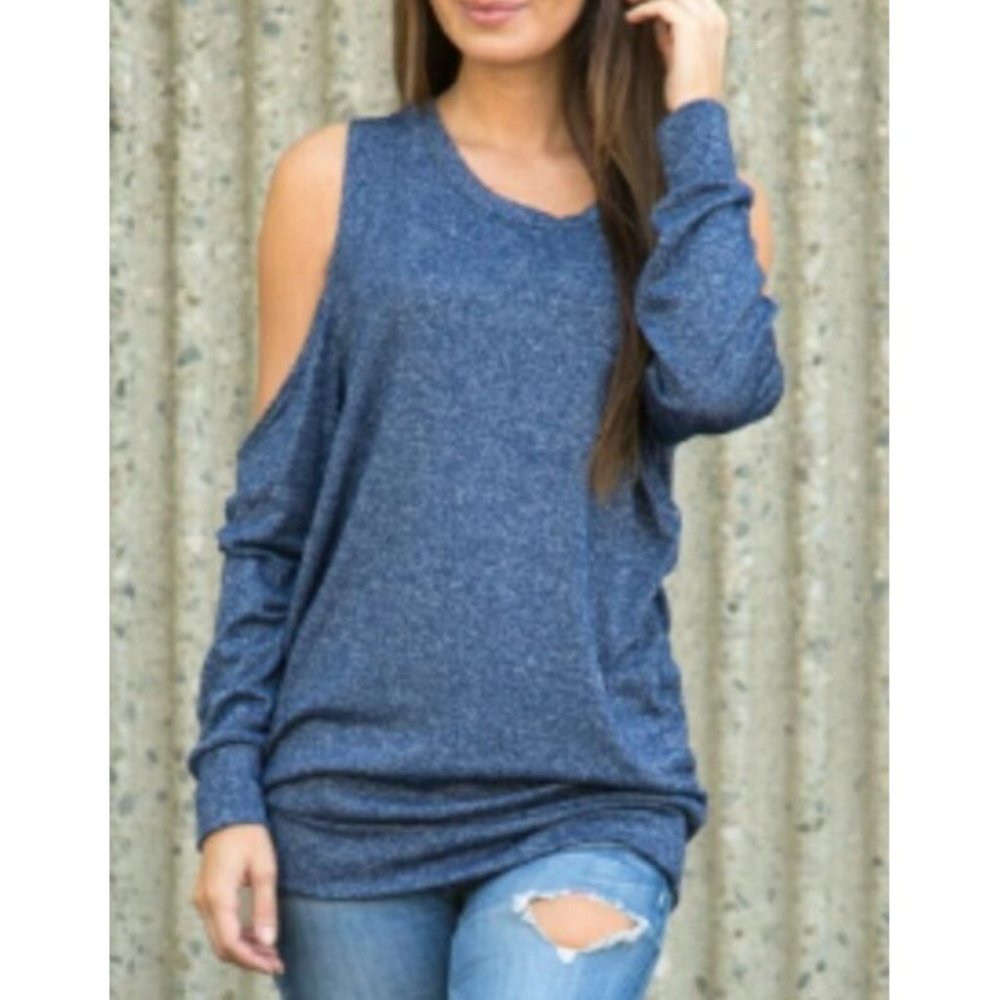 Rags & Couture M Blue Gray Knit Heather Cold Shoulder Tunic Top Long Sleeves